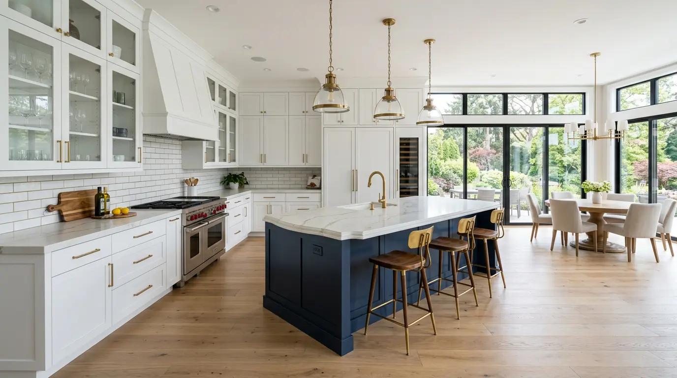 Remodeled open-plan kitchen with a navy island and brass fixtures